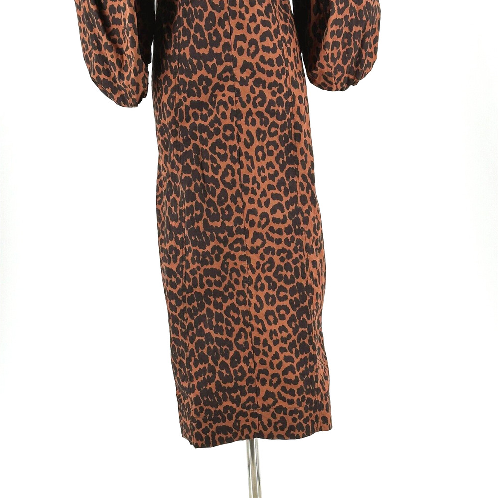 Ganni Women Midi Leopard Print Dress 34/XS Balloon Sleeve Poplin Party Event - Picture 6 of 11